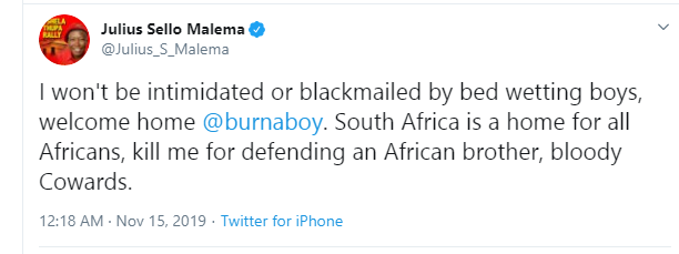 South African political leader, Julius Malema assures Burna Boy of his safety