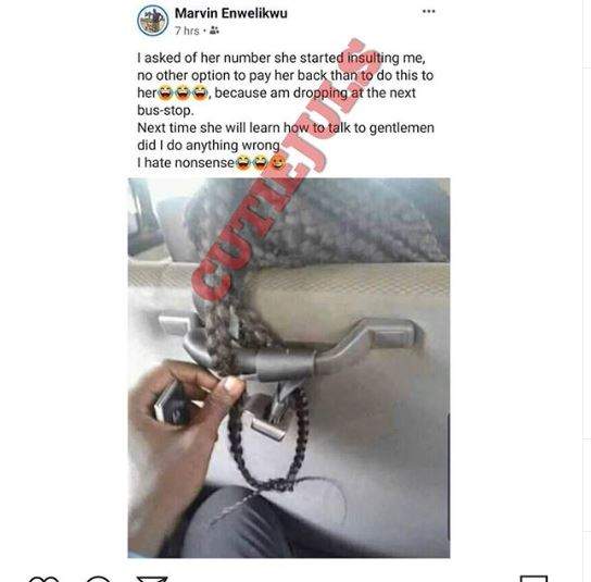 Man ties lady's braids in a bus for refusing to give him her phone number
