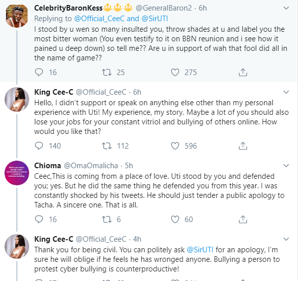 Cee-c tackles Twitter users trolling her for showing solidarity to Uti Nwachukwu