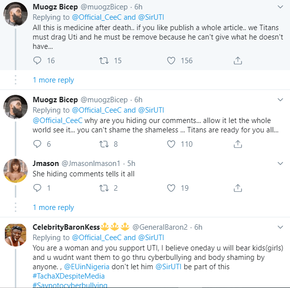 Cee-c tackles Twitter users trolling her for showing solidarity to Uti Nwachukwu