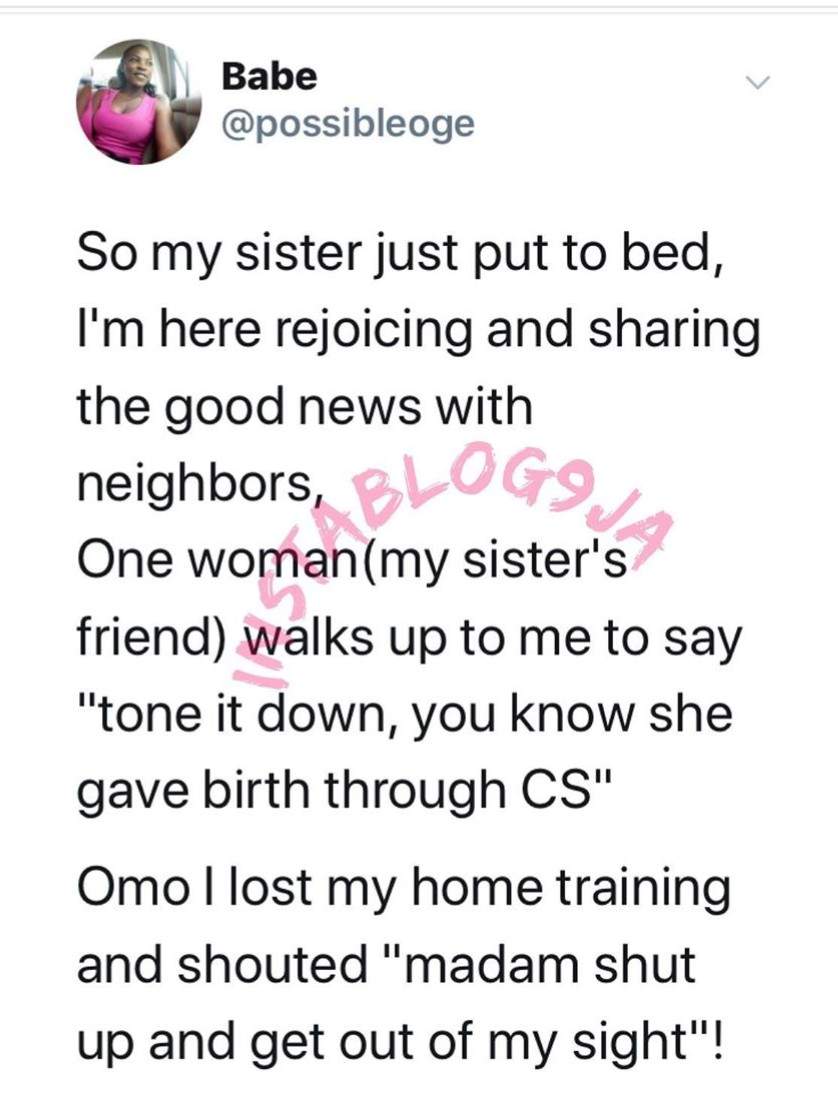 Lady narrates how she was asked to stop celebrating her sister's delivery because she delivered through operation