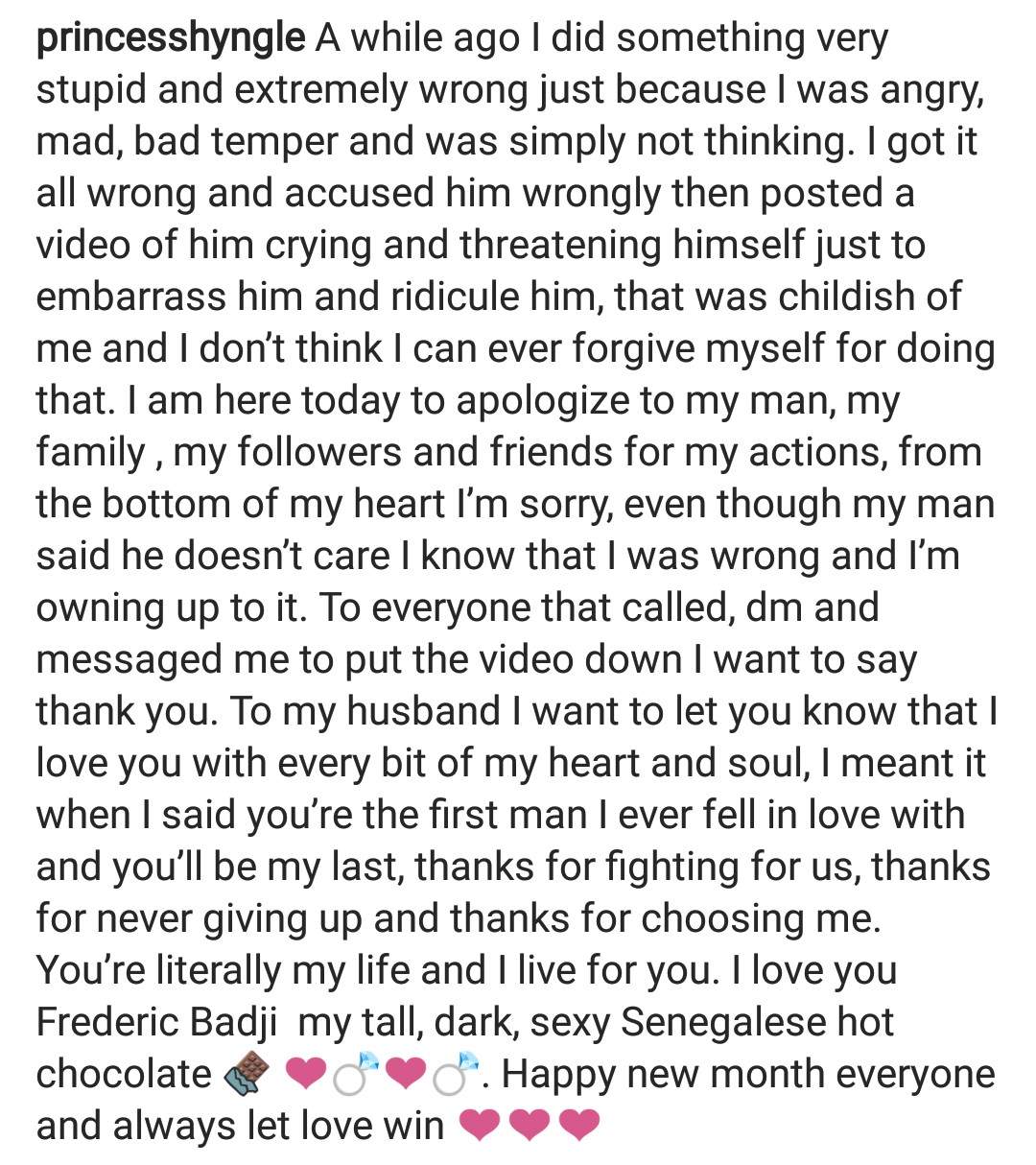 'I did something very wrong and stupid'- Princess Shyngle writes apology letter to her boyfriend