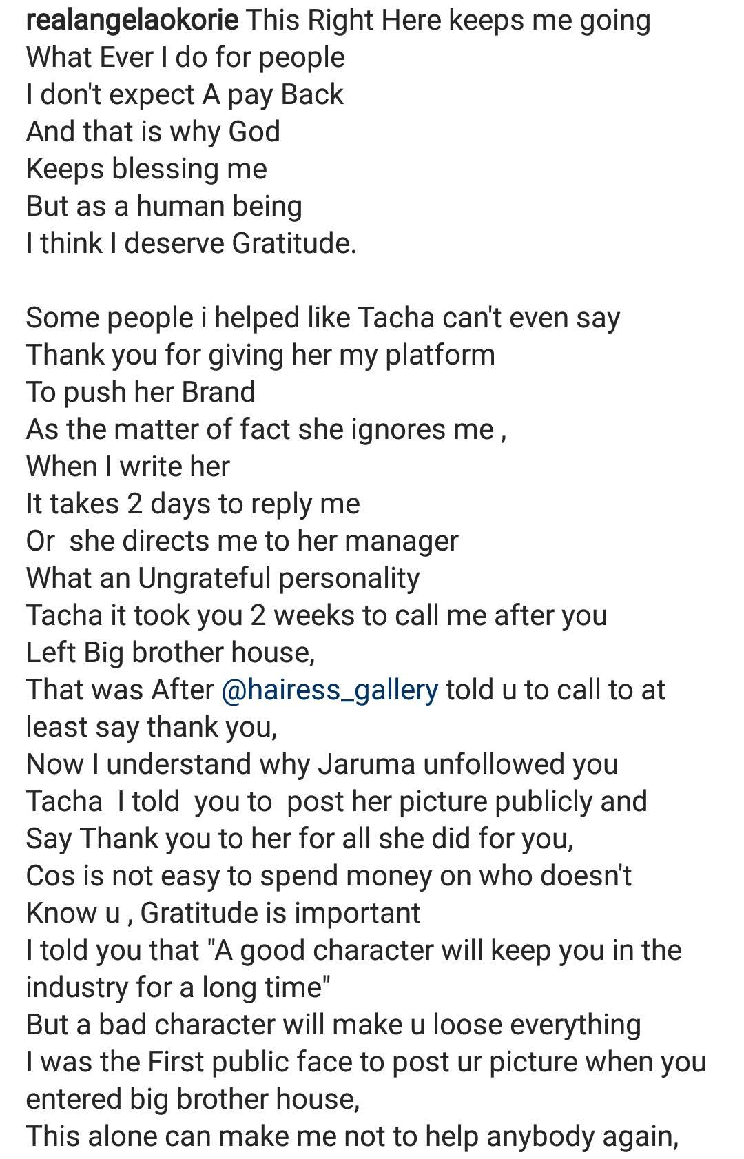 'Tacha ignores me, what an ungrateful personality'- Angela Okorie calls out Tacha