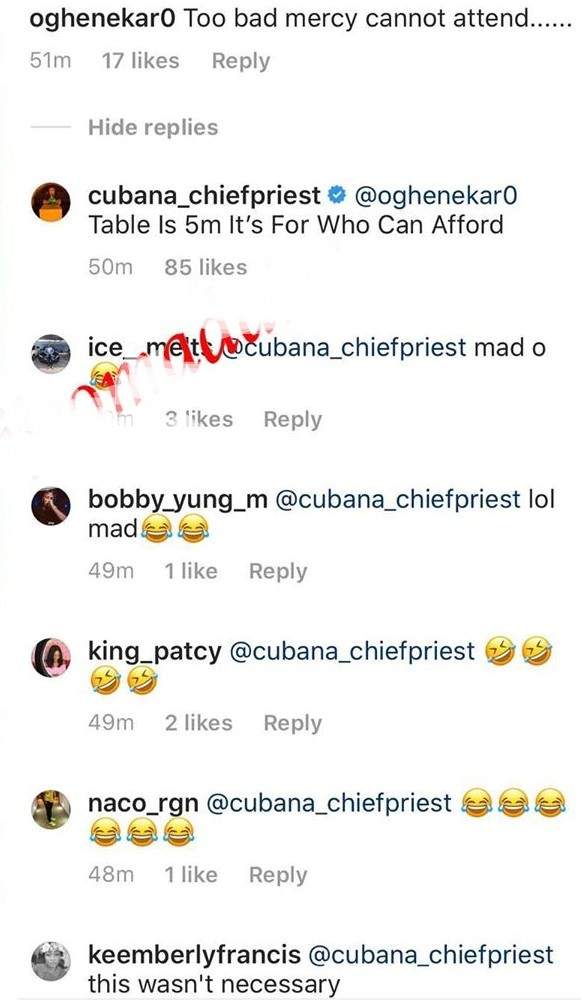 Cubana Chiefpriest shades Mercy, says she can't afford N5m for a table at his event