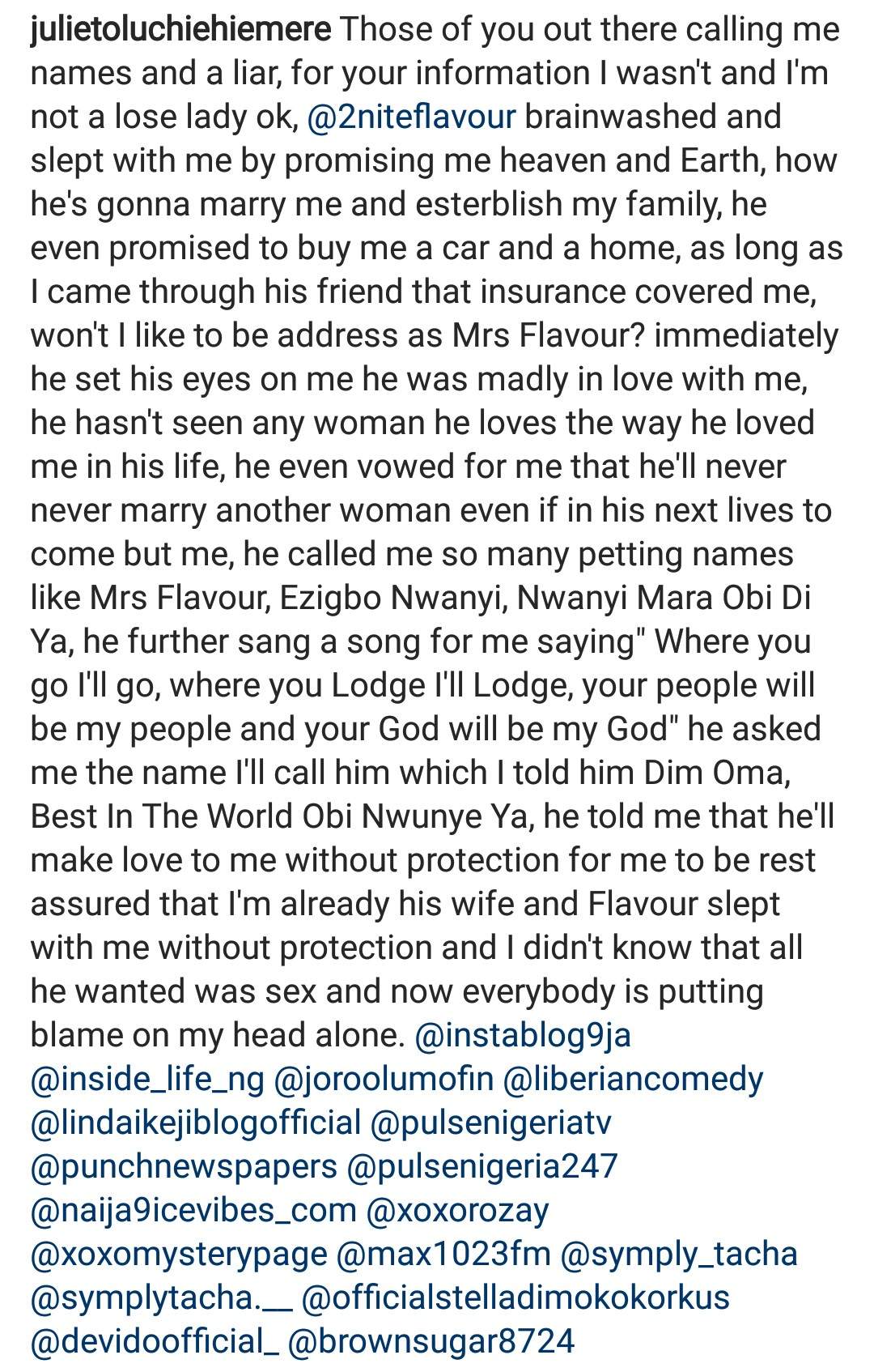 'Flavour brainwashed and slept with me by promising me Heaven and Earth'- Flavour's alleged Babymama opens up