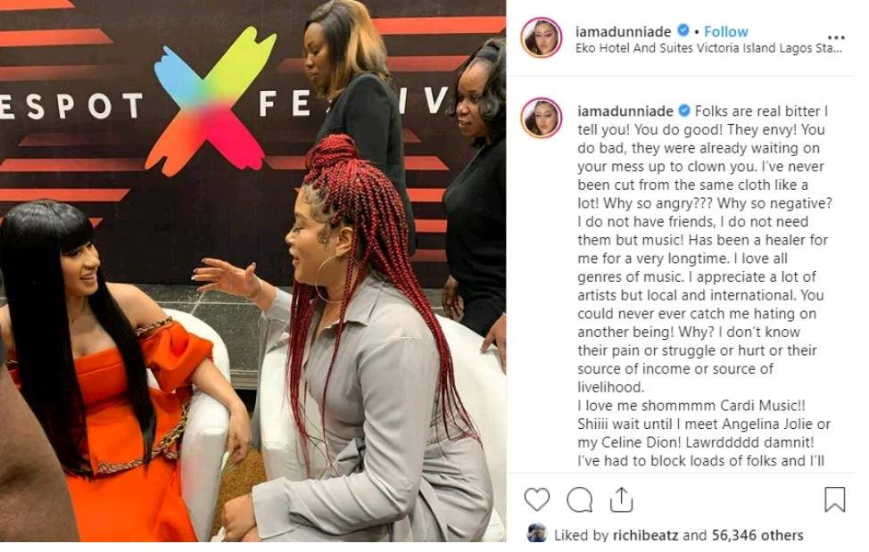 'I'll rather appreciate a real person than someone who lives in lies'- Adunni Ade writes after meeting with Cardi B