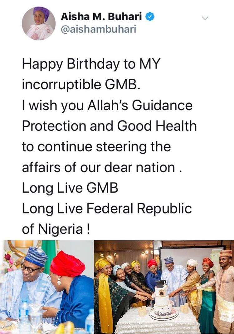 'Happy birthday to my incorruptible GMB'- First Lady Aisha Buhari celebrates husband as he turns 77