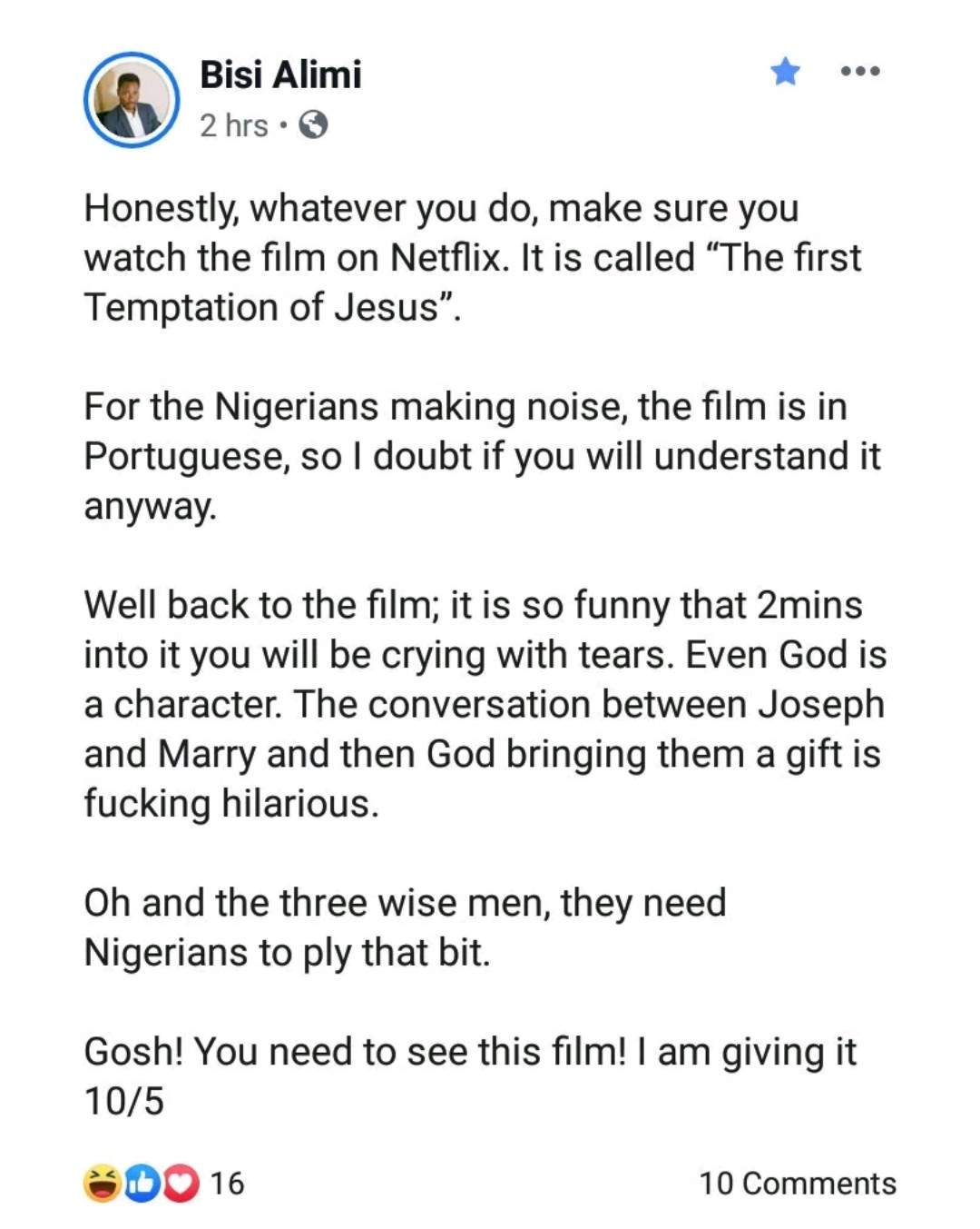 Bisi Alimi slams Nigerians condemning Netflix 'Gay Jesus' movie, as he rates it 10/5