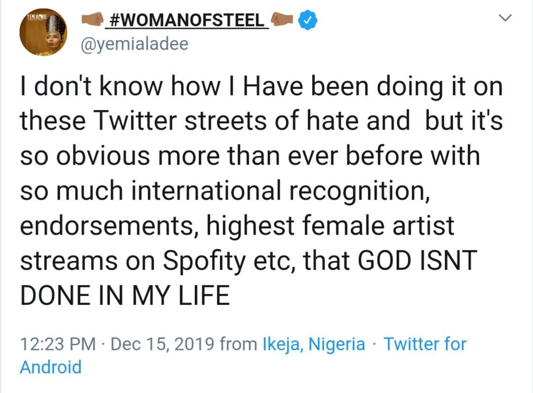 'I have the highest female artist streams, so much international recognition'- Yemi Alade shows gratitude