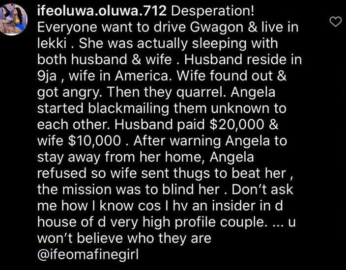 Angela Okorie is sleeping with a man and his wife - Lady claims