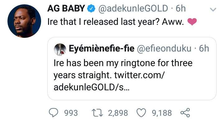 Adekunle Gold replies a follower who said his song 'Ire' has been his ringtone for three years