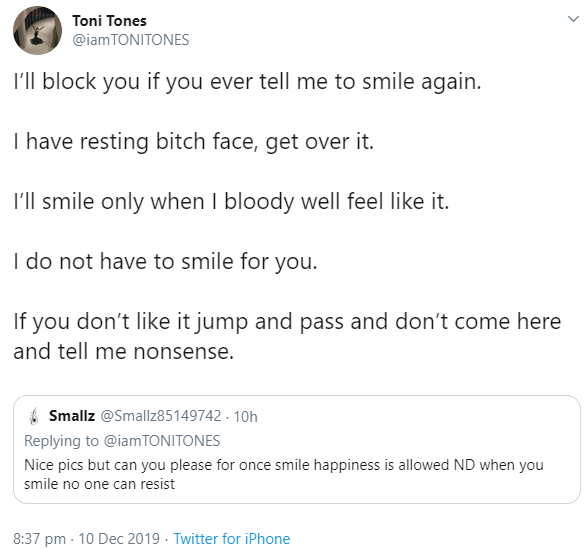 Toni Tones issues stern warning to follower who advised her to smile more