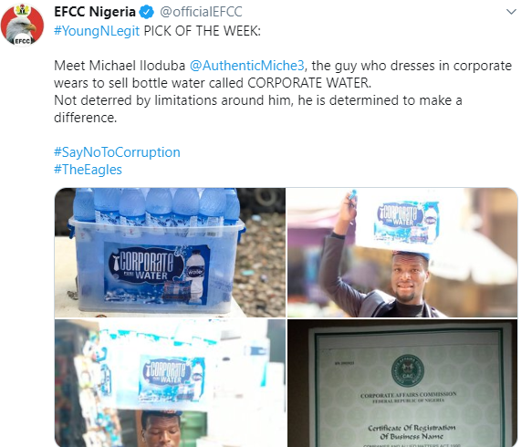 Nigerians drags EFCC for celebrating man who dresses in corporate attire to sell water