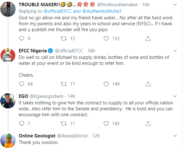 Nigerians drags EFCC for celebrating man who dresses in corporate attire to sell water