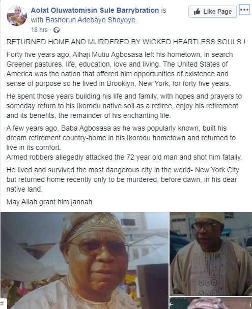 Chartered Accountant who lived in US for 45 years, allegedly murdered by assasins in Ikorodu