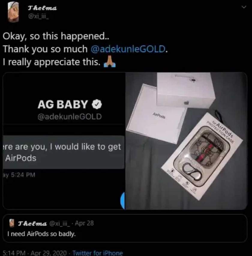 Singer, Adekunle Gold surprises female fan with brand new Airpods (See screenshot)