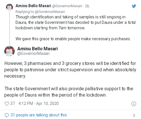 Masari puts Daura under lockdown due to 3 fresh cases of coronavirus in Katsina