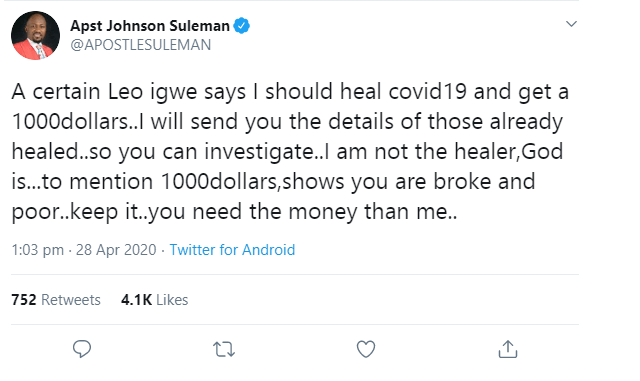 Apostle Johnson Suleman reacts to the challenge that will get him a $1000 dollars for each COVID-19 patient he heals