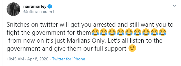 'Snitches on Twitter will get you arrested and still want you to fight government' - Naira Marley writes