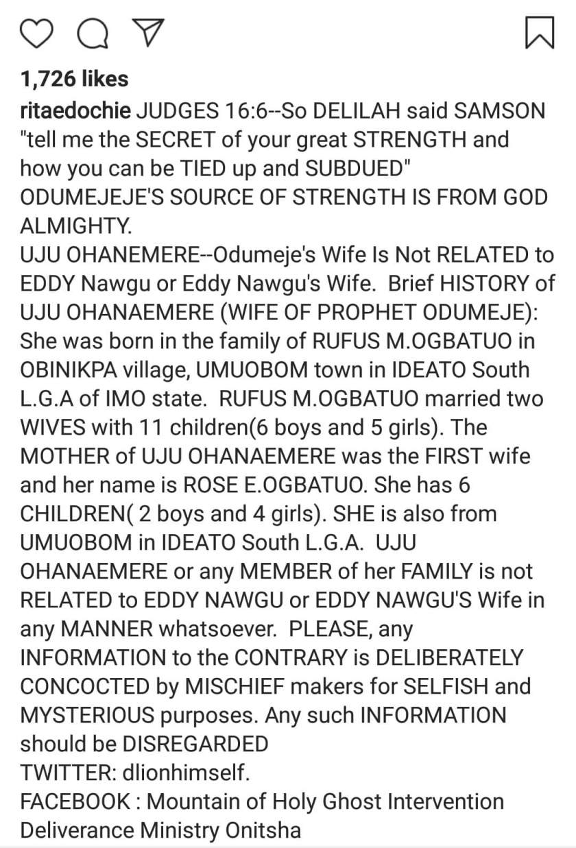 Rita Edochie shares photos of Prophet Odumeje's wife, reveals the source of his power