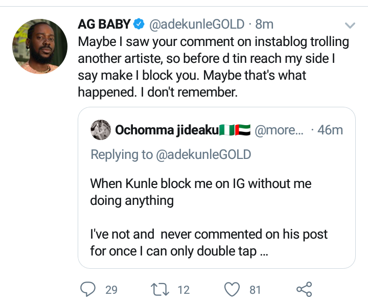 Adekunle Gold explains why he blocked a fan on Instagram and it's hilarious