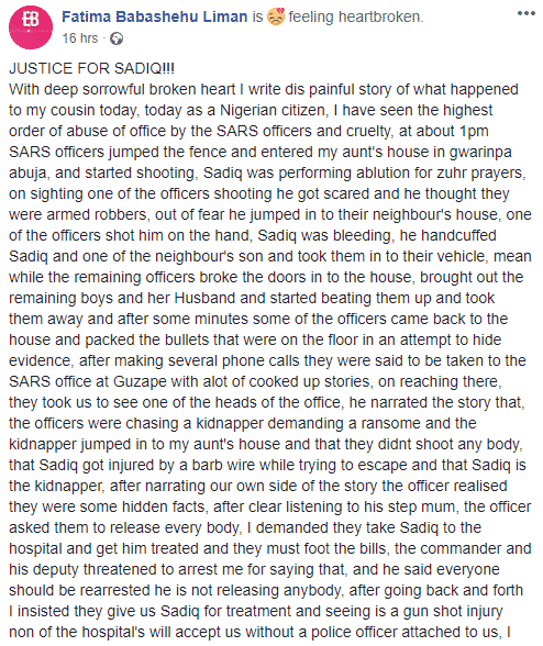 Lady calls for justice after her cousin was assaulted by SARS officials in Abuja