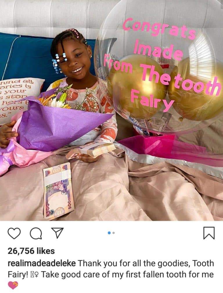 Davido's daughter, Imade receives heartwarming surprise with bundles of cash as her first tooth falls off (Photos/Video)