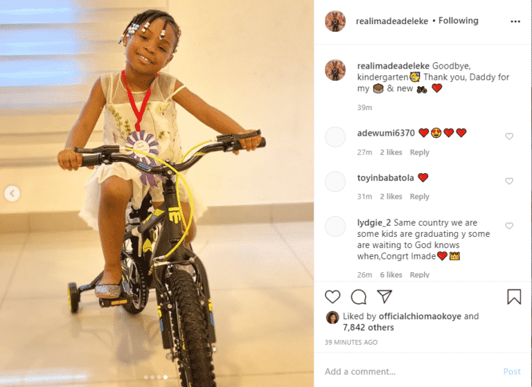 Davido buys his daughter Imade a bicycle as she graduates from kindergarten (Photos)