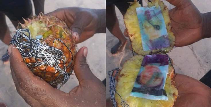 Bound photo of a man and a lady found inside a pineapple washed ashore (Photos)