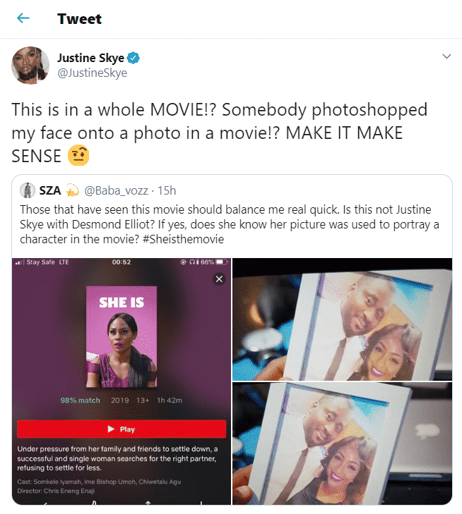 Wizkid's ex-girlfriend, Justin Skye reacts after her face was photoshopped into a Nollywood movie