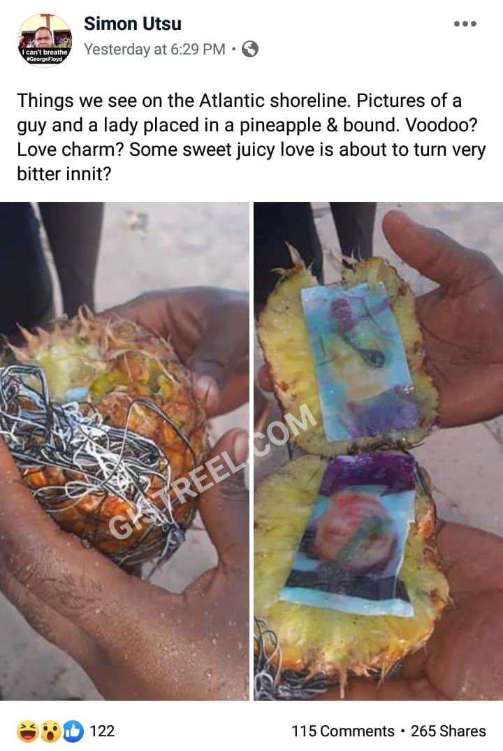 Bound photo of a man and a lady found inside a pineapple washed ashore (Photos)