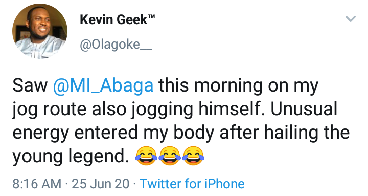 Man reveals what he did when he ran into M.I while jogging in the morning