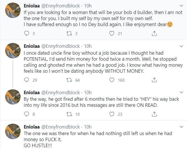 Lady reveals why she will never date a broke guy again