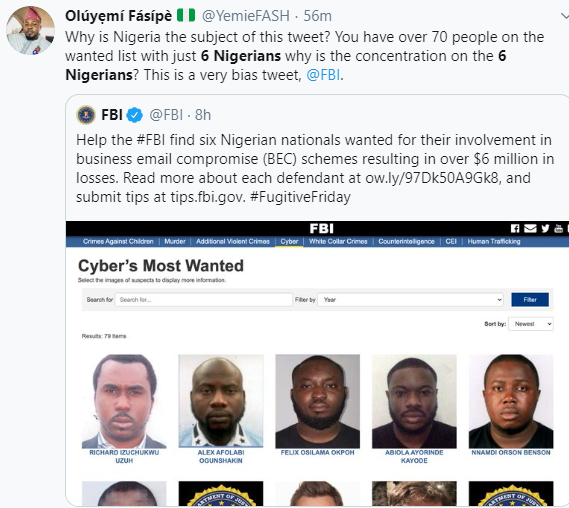 Nigerians blast FBI for focusing on 6 Nigerians on the wanted list when there are more numbers of suspects from other nationality