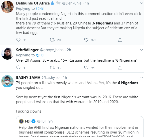 Nigerians blast FBI for focusing on 6 Nigerians on the wanted list when there are more numbers of suspects from other nationality