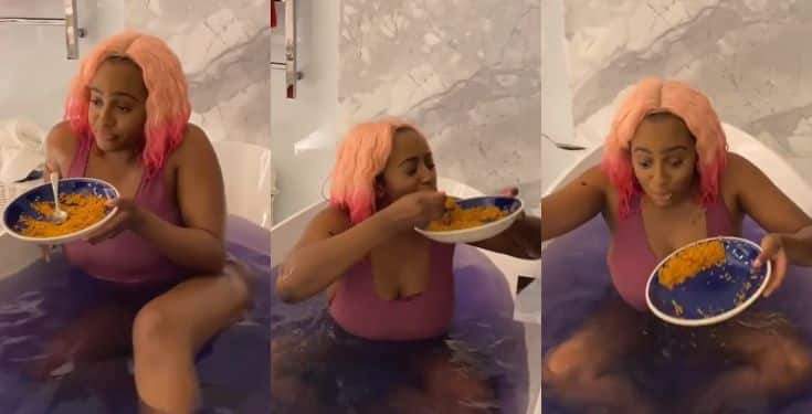 DJ Cuppy shares video of herself eating Jollof rice inside a bathtub (Watch)