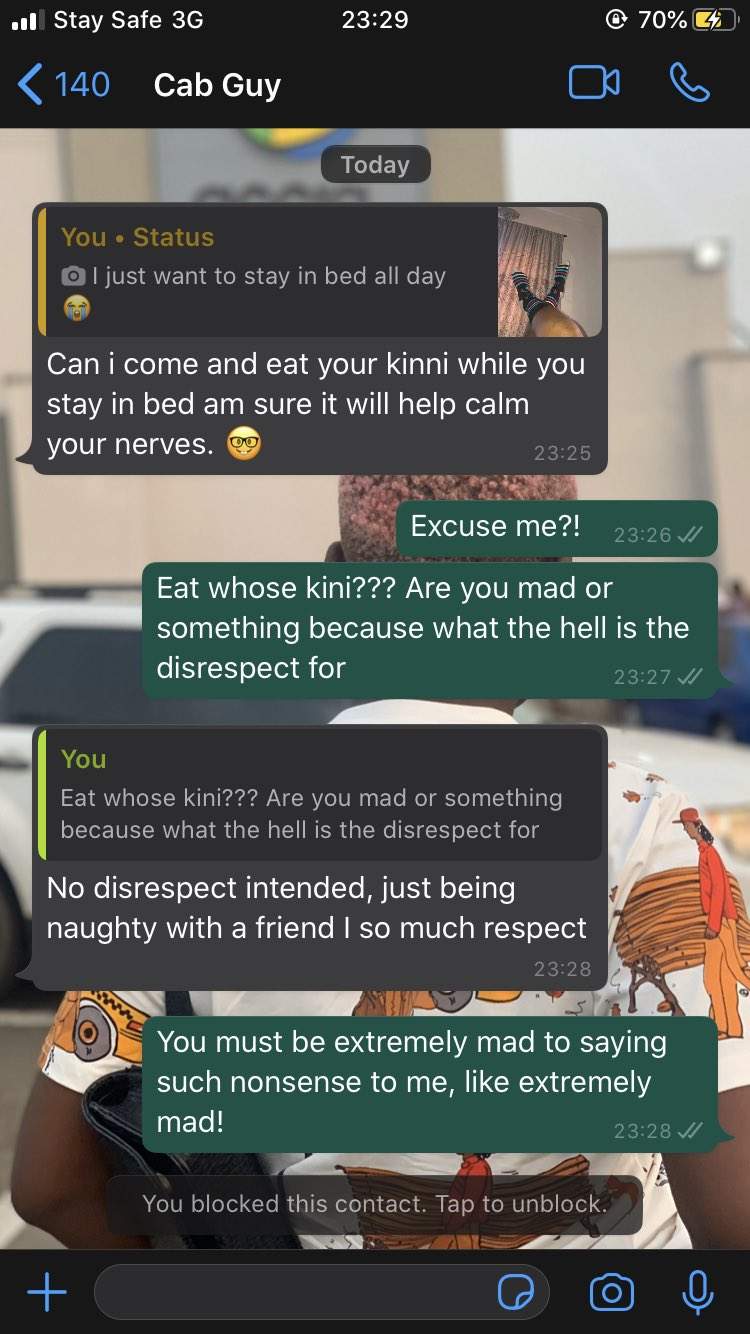 Nigerian lady shares screenshot of the chat she had with her cab guy who wants to eat her 'kinni'