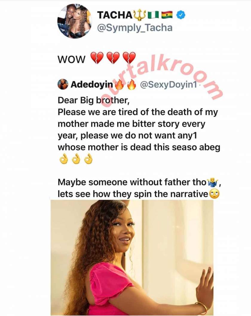 Tacha reacts as lady begs BBNaija organizers not to select anyone whose mother is dead