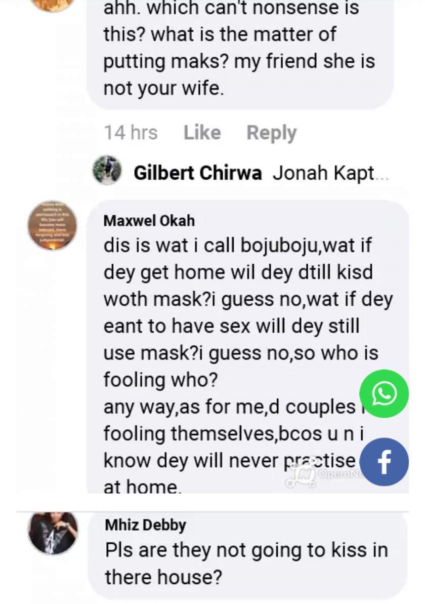 Nigerians slam newly married couple for kissing with face masks on (Photo)