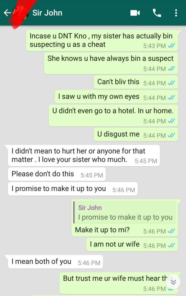 Lady shares chat with sister's husband who promised to 'lick her honey pot' after she caught him cheating