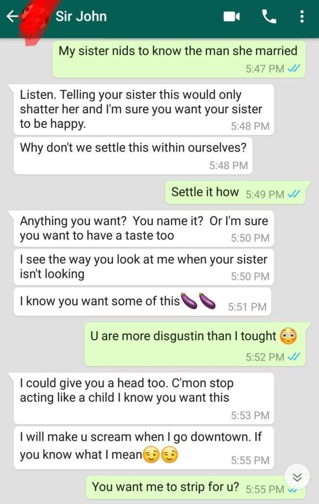 Lady shares chat with sister's husband who promised to 'lick her honey pot' after she caught him cheating