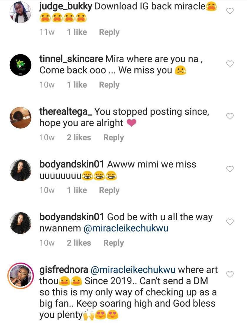 Fans worry over BBNaija season 3 winner, Miracle who has been absent on social media for almost one year