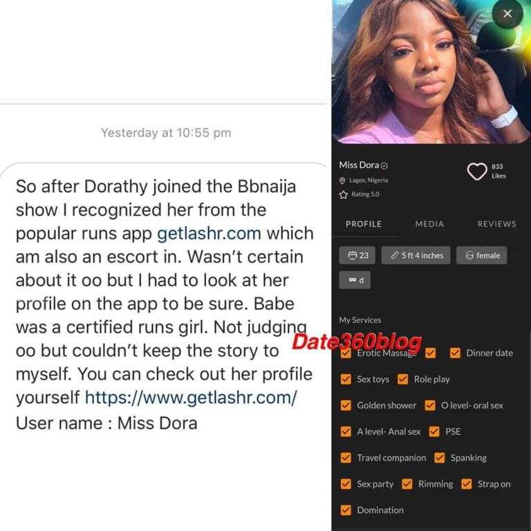 BBNaija: 'Dorathy is a certified runs girl' - lady spills secret, shares her profile on a 'Runs App' (Screenshot)