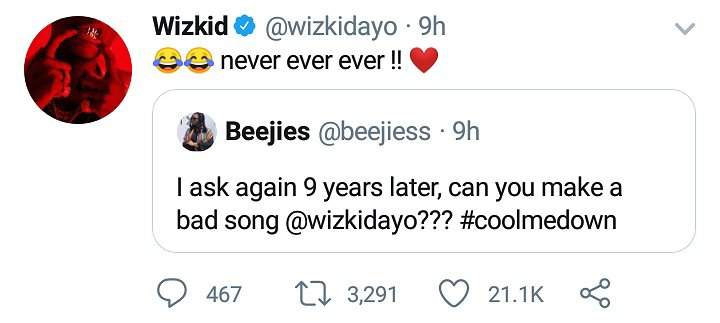 Wizkid replies lady who asked him if he will ever make a bad song