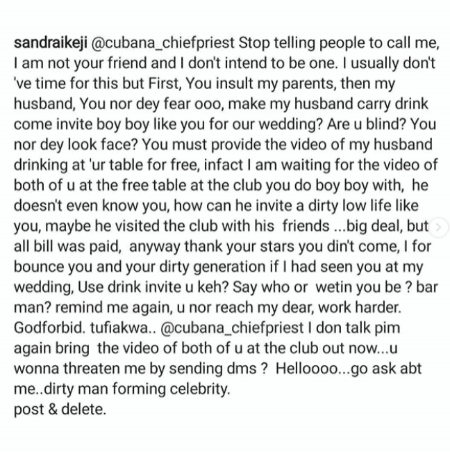 Cubana Chief Priest offers his fans N50k each to insult Sandra Ikeji after she called him a 'dirty man forming celebrity'