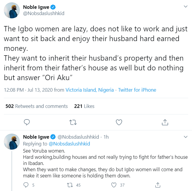 'Igbo women are lazy, they don't like to work, they just want to enjoy their husband's money' - Noble Igwe