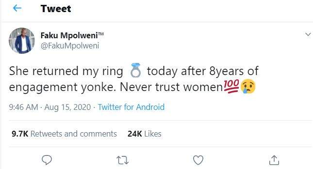 She returned my ring after 8years of engagement. Never trust women - Man cries out