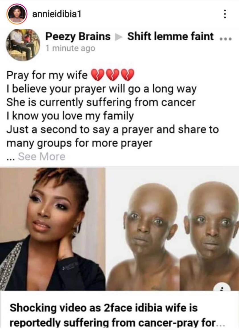 Annie Idibia reacts to post claiming she is suffering from cancer