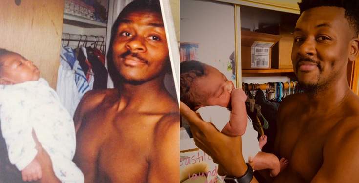 Man recreates photo of his dad carrying him in 1991 with his own child in 2020 (Photos)