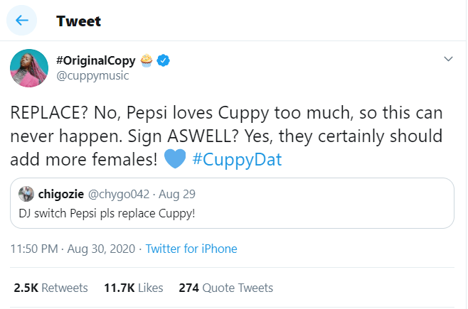 DJ Cuppy replies Twitter user who said Pepsi should dump her and replace with DJ Switch as their ambassador